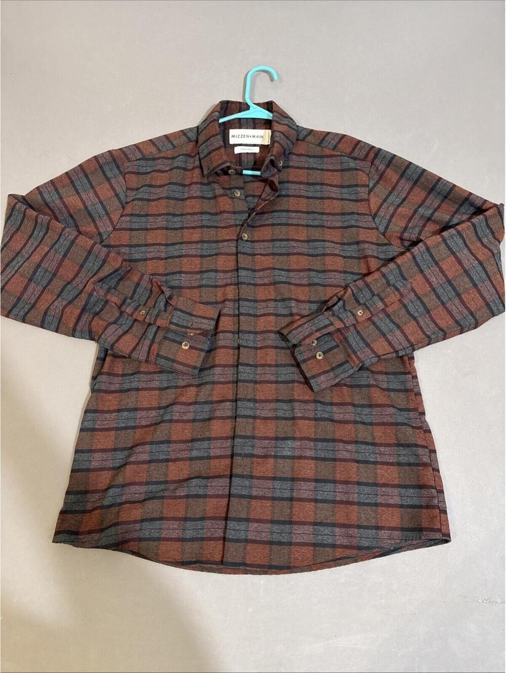 Mizzen+Main Shirt Mens Large Trim Fit Red Plaid Flannel Button Up Check